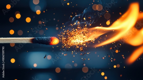 Close-Up of Flame Burst from a Match with Glowing Sparks