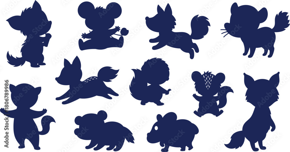 Fototapeta premium Dark Blue Silhouettes of Various Cute Cartoon Woodland Animals mouse squirrel