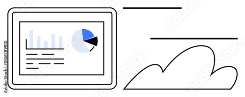 Tablet screen displaying bar chart, pie chart, and text data paired with abstract cloud graphics. Ideal for data analysis, cloud computing, storage, technology, business intelligence, innovation