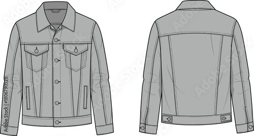 Men’s denim jacket technical flat sketch showing front and back views with pockets, seams, stitching details, fashion apparel illustration and garment template