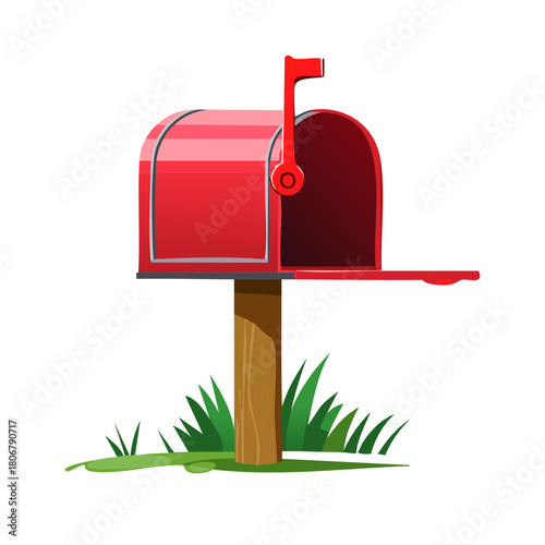 Open Red Mailbox on Wooden Post with Green Grass, Rural Home Mail Delivery