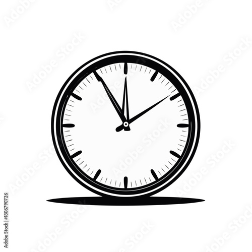 Classic analog clock icon in a black and white hand drawn sketch style. Simple vector graphic of a round clock face.