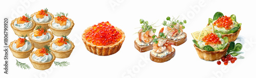Festive Christmas appetizer plate with red caviar canapes, smoked salmon slices and gourmet cheese on a white background. Watercolor festive food.