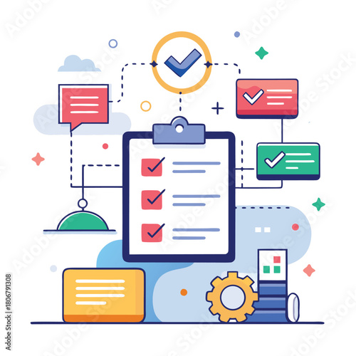 Checklist illustration with tasks, gear, and document isolated on