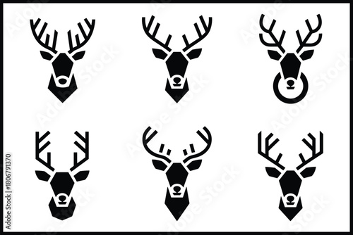 Set of six stylized deer head icons with varied antler designs isolated on white background, Vector