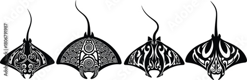 Four black and white tribal stingray tattoo designs vector graphics eps silhouette