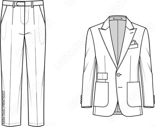 Men’s tailored pants and blazer technical flat sketch showing formal outfit design details, apparel illustration template for fashion drawing and garment construction