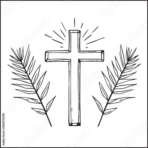 Palm Sunday cross with radiant light and flanking palm branches in black-and-white Christian line illustration