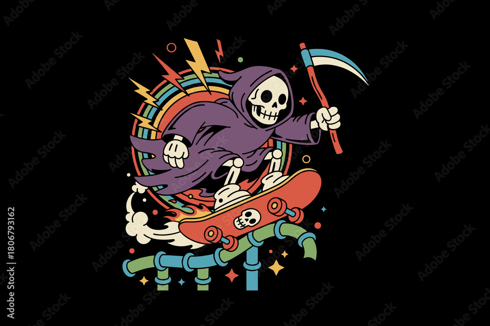 Obraz premium Grim Reaper Skateboarder Riding Through a Cosmic Rainbow.