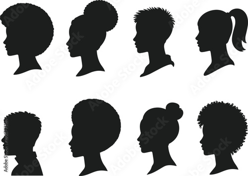 African American kids profile silhouette vector set, black children heads with natural afro and curly hairstyles side view