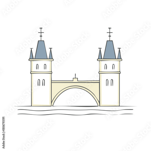Illustration of a symmetrical historic bridge with two towers and an arched span over water