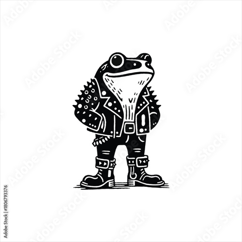 Funny frog wearing a leather jacket and boots, perfect for quirky t-shirt designs and unique logos