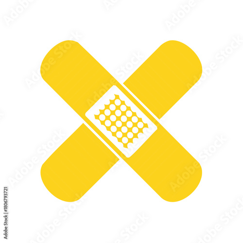 Yellow adhesive bandages crossed forming an X shape with white polka dot center