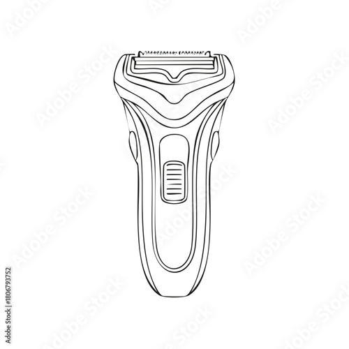 Electric shaver line drawing. Personal grooming device with rotary blades and ergonomic handle.