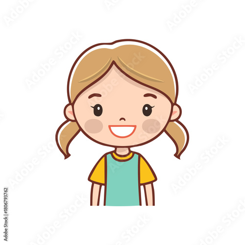 Smiling Cartoon Girl with Blonde Hair in Pigtails Wearing a T-Shirt