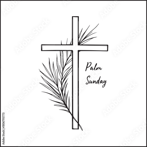Palm Sunday cross with palm frond and cursive text in elegant black-and-white Christian line illustration