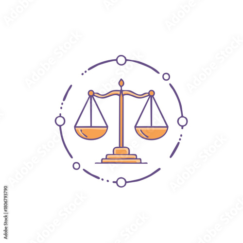 Stylized icon of a golden balance scale inside a purple circular frame with dots and dashes