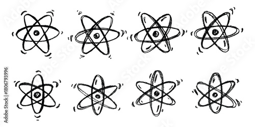 Set of hand drawn atom sign Molecule clipart in doodle style Symbol of science, education, nuclear energy, scientific research, molecular chemistry Single element for print, web, design