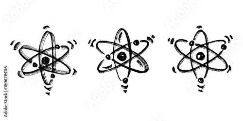 Set of hand drawn atom sign Molecule clipart in doodle style Symbol of science, education, nuclear energy, scientific research, molecular chemistry Single element for print, web, design