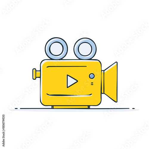 Stylized Yellow Retro Movie Camera with Play Button and Lens