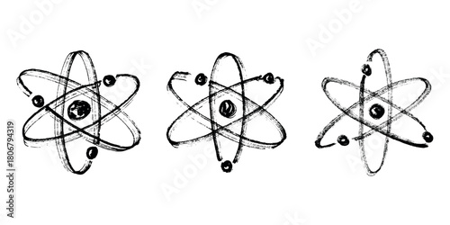 Set of hand drawn atom sign Molecule clipart in doodle style Symbol of science, education, nuclear energy, scientific research, molecular chemistry Single element for print, web, design