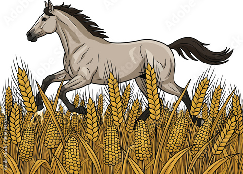 Horse running through wheat field illustration drawing vector image eps silhouette