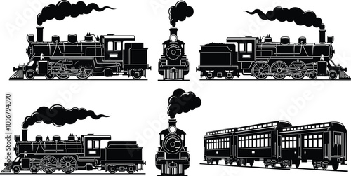 Vintage steam locomotive silhouette set with classic train engine, railway transportation illustration, retro rail vehicle collection for design projects