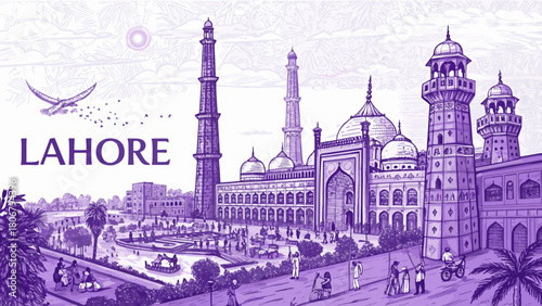 Lahore Skyline Line Art Featuring Badshahi Mosque, Minar-e-Pakistan, Cultural Architecture for Tourism Posters & Wall Art