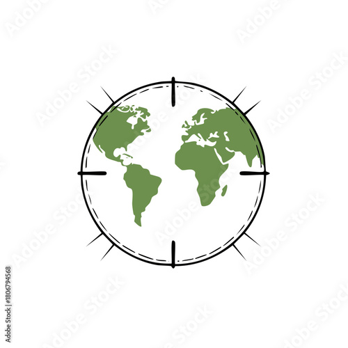 Simple line art illustration of the world map, with an abstract compass points and geographical continents in green