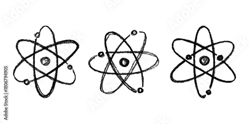 Set of hand drawn atom sign Molecule clipart in doodle style Symbol of science, education, nuclear energy, scientific research, molecular chemistry Single element for print, web, design