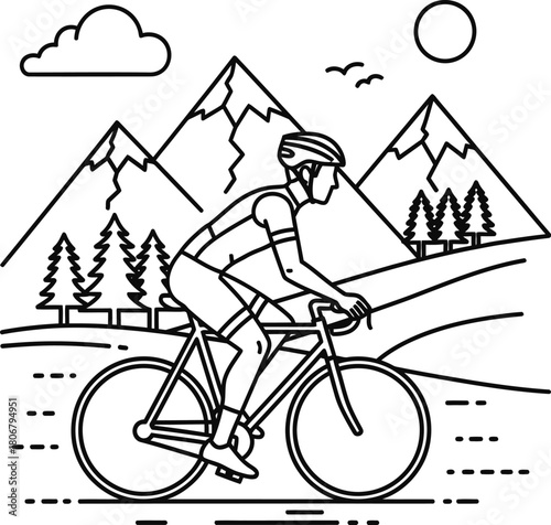 Cycling adventure through mountains vector illustration line art style eps silhouette