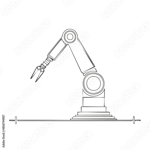 Industrial robotic arm with articulated joints and gripper in a clean line art drawing