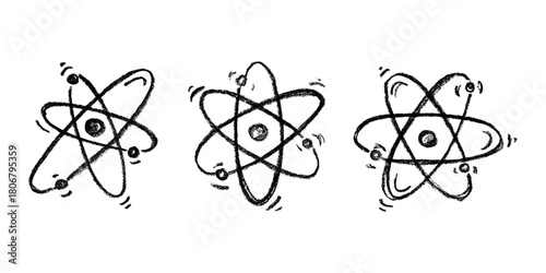 Set of hand drawn atom sign Molecule clipart in doodle style Symbol of science, education, nuclear energy, scientific research, molecular chemistry Single element for print, web, design