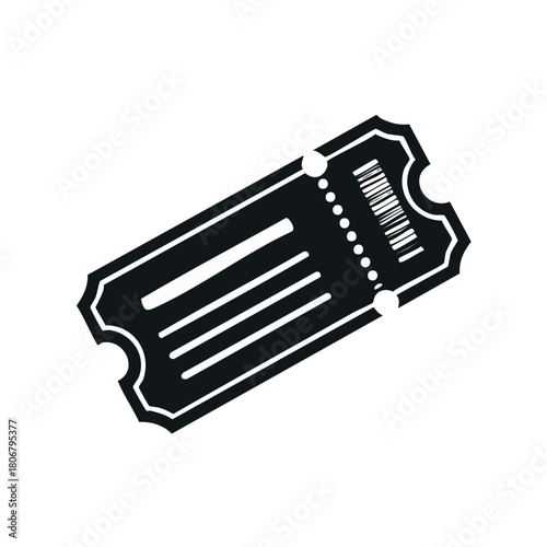 Simple black and white ticket icon with perforation and barcode for events and admission