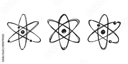 Set of hand drawn atom sign Molecule clipart in doodle style Symbol of science, education, nuclear energy, scientific research, molecular chemistry Single element for print, web, design