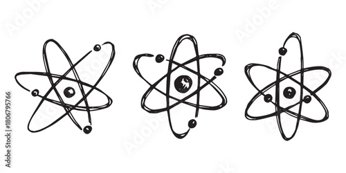 Set of hand drawn atom sign Molecule clipart in doodle style Symbol of science, education, nuclear energy, scientific research, molecular chemistry Single element for print, web, design
