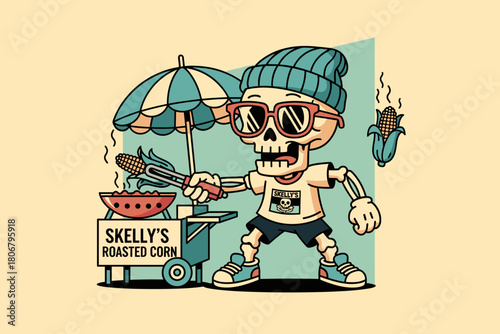 Skeleton character grilling corn on the cob at a food cart.