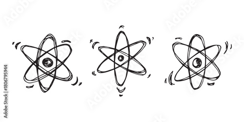 Set of hand drawn atom sign Molecule clipart in doodle style Symbol of science, education, nuclear energy, scientific research, molecular chemistry Single element for print, web, design