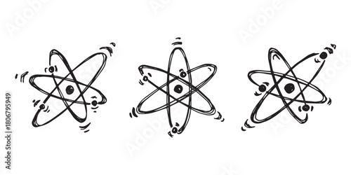 Set of hand drawn atom sign Molecule clipart in doodle style Symbol of science, education, nuclear energy, scientific research, molecular chemistry Single element for print, web, design