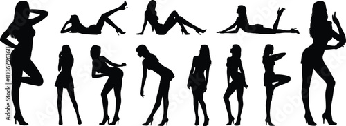 Beautiful woman silhouette vector collection, sexy fashion model lady posing in high heels, black female body figures set isolated