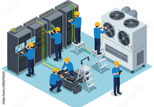 Data center technicians maintaining servers and cooling systems in a server room with isometric view and blue tones
