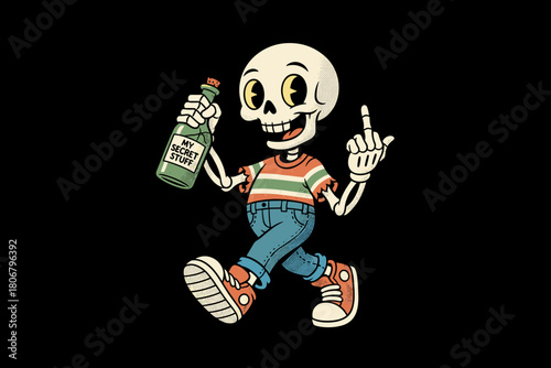Cartoon skeleton character holding a bottle and giving the middl