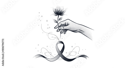 A hand holds a flower above a ribbon, symbolizing hope and remembrance.