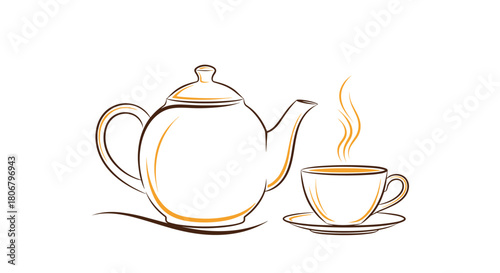 Illustration of a teapot and a steaming cup of tea on a saucer, symbolizing refreshment.