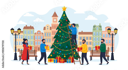 Group of happy people decorating a large Christmas tree in a festive town square for the winter holidays, a community celebration scene. c