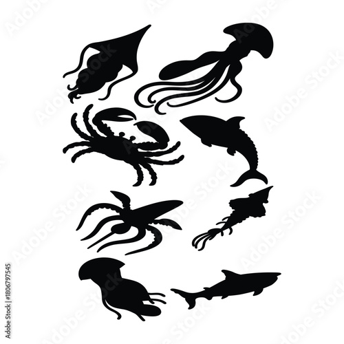 Stylized aquatic animal silhouettes in black on white for biology, illustration, and graphic composition