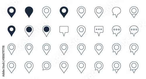 Collection of map pin and speech bubble icons in various styles.