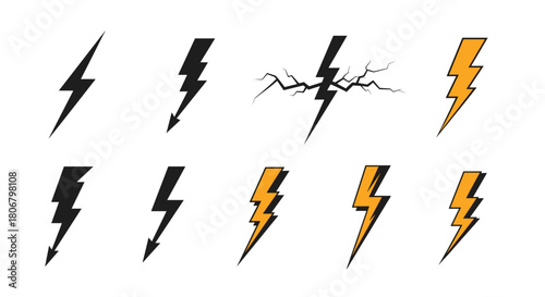 Collection of various lightning bolt icons in black and yellow colors, symbolizing energy and power.