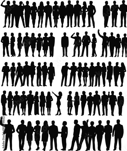 Big crowd of people silhouette vector set, diverse business and casual men and women standing in rows, large group collection.
