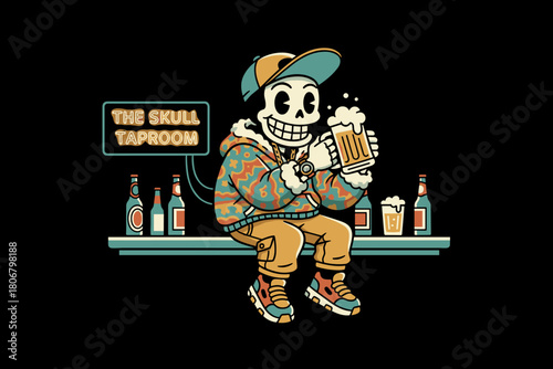Skeleton character enjoying a beer at a bar.
